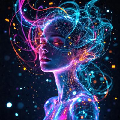 The primary subject of the image is a woman with a flowing mane, who appears to be a futuristic, digital art creation. She is surrounded by a vibrant and colorful environment, with a mix of blue, pink, and purple hues. The setting includes a backdrop of stars and a space-like atmosphere. The visual style of the image is a combination of digital art and illustration, creating a unique and captivating scene. The overall mood of the image is one of beauty, cre